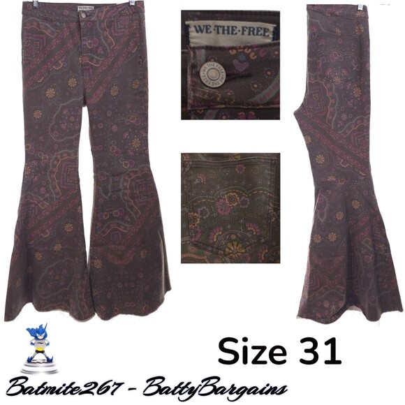 Free People We The Free Just Float On Printed Flare Jeans sz 31 Chocolate Combo - Picture 13 of 15